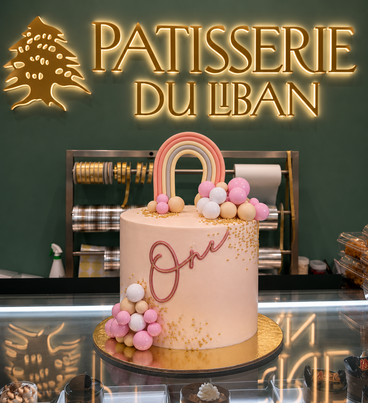 Custom celebration cake with rainbow topper and gold details at Patisserie Du Liban